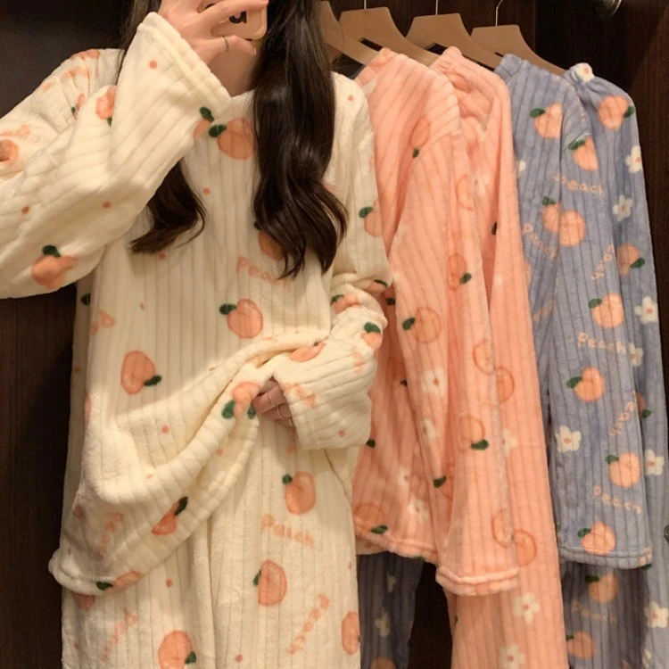 小熊桃子暖暖套装女2024秋冬保暖珊瑚绒睡衣加绒加厚家居服