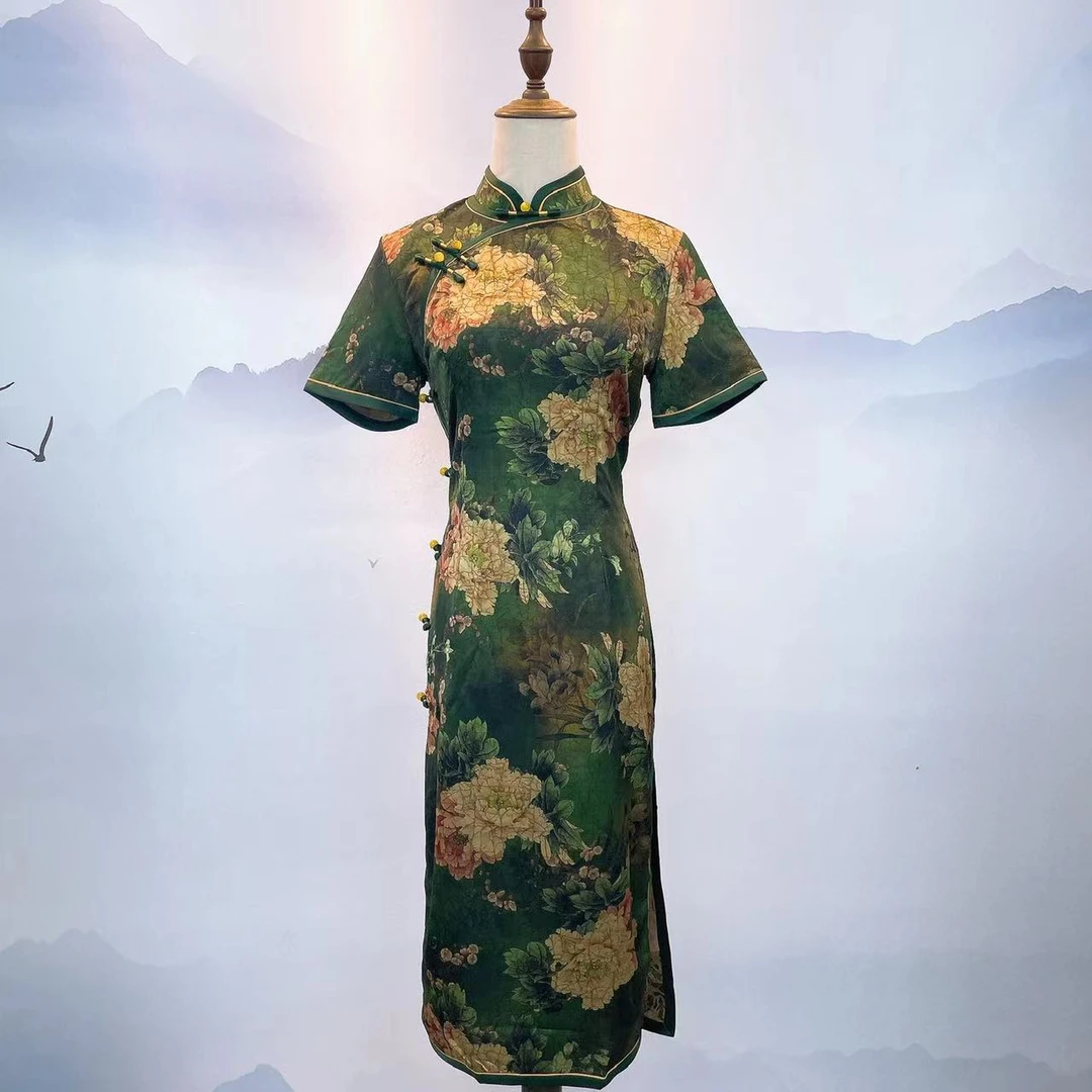 193 高2 修身气质日常改良 双层宽边绿色旗袍