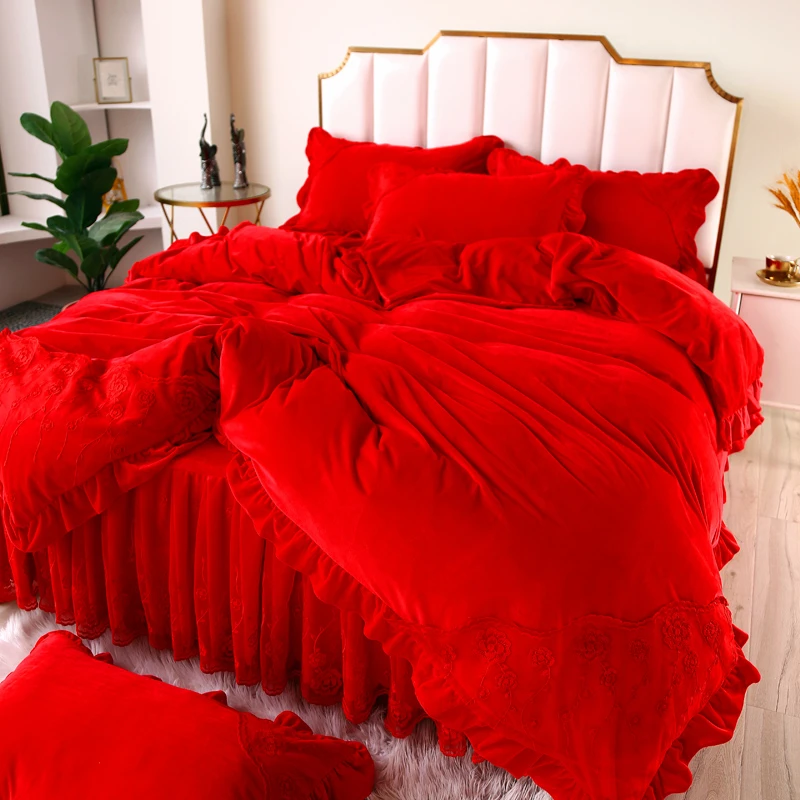 大红色结婚牛奶绒床裙款四件套婴儿绒婚庆陪嫁珊瑚绒床上用品冬季