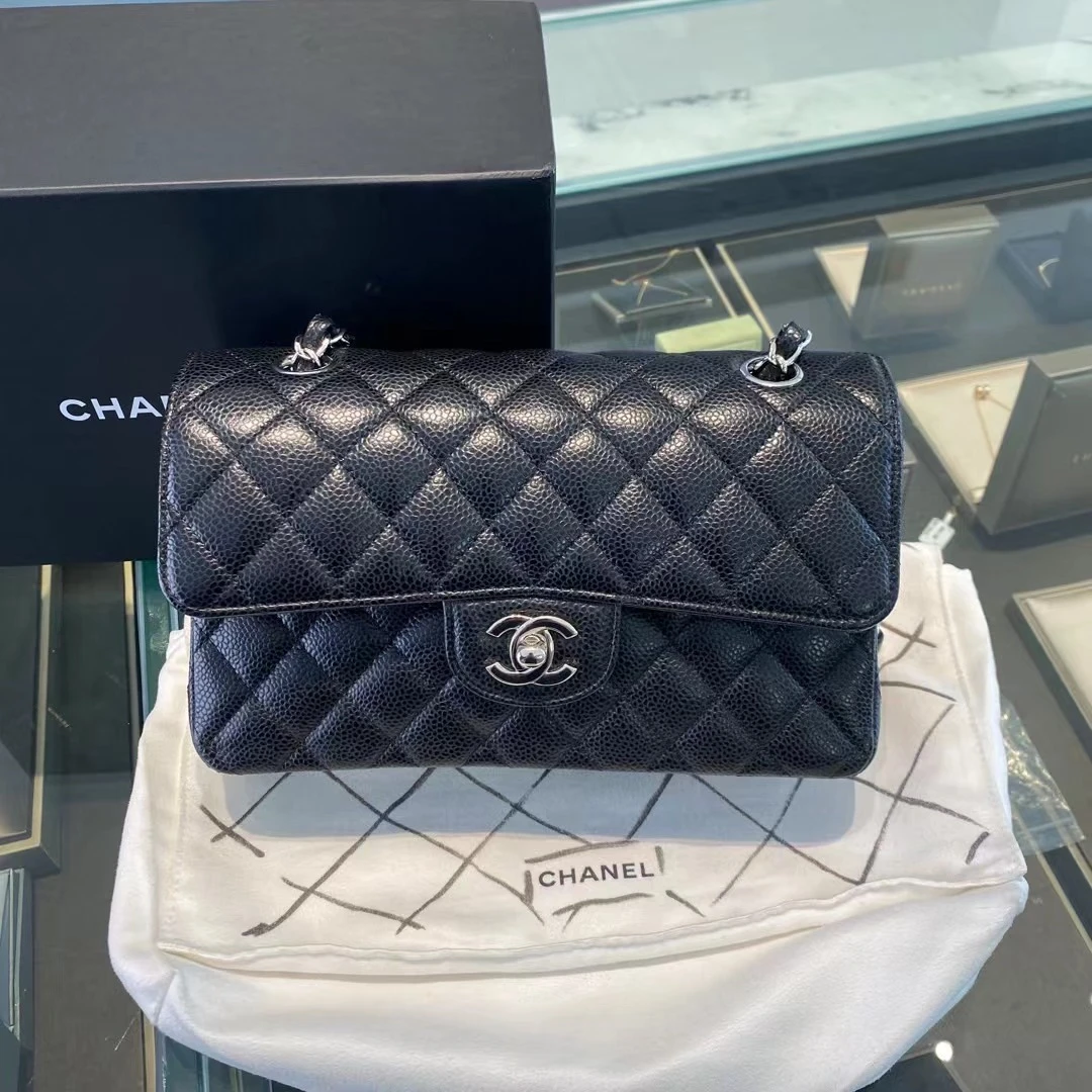 99新 Chanel/香奈儿 黑银cf小号荔枝牛链条包