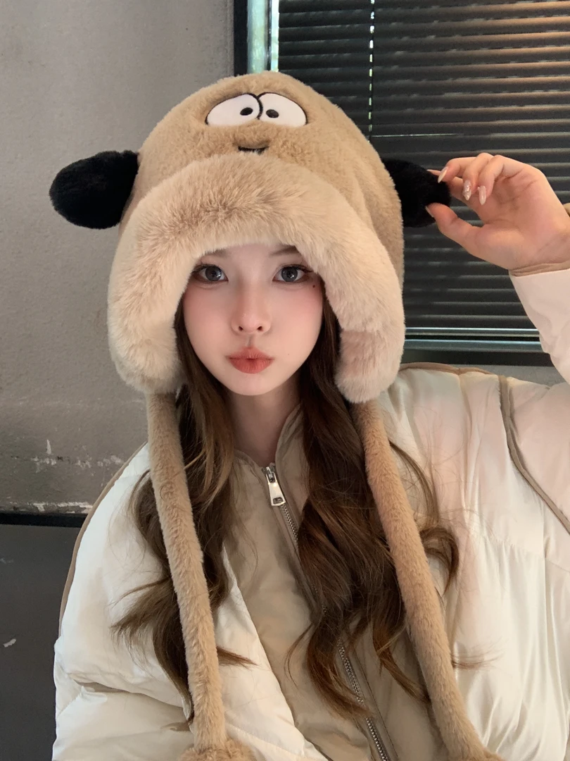 加厚毛绒耳朵小狗雷锋帽保暖护耳防寒可爱眼睛显脸小套头帽女冬天