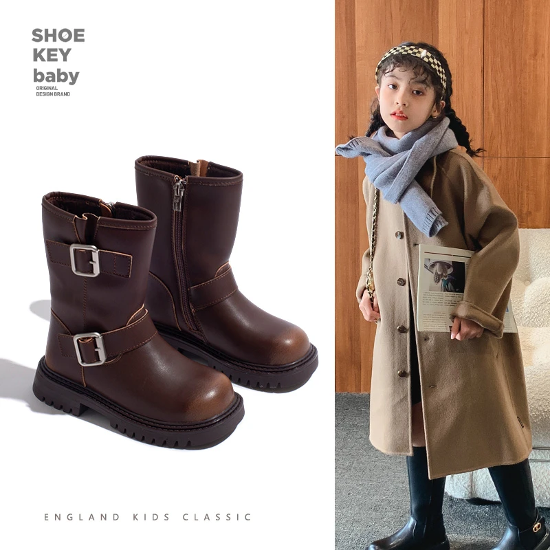 英伦风女童中筒马丁靴2023秋冬季新款黑色皮靴加绒保暖儿童骑士靴