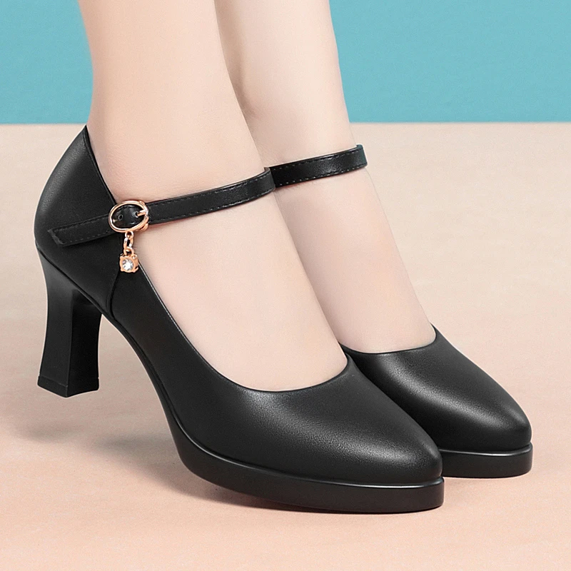 真皮软底黑色高跟圆头皮鞋防水台职业单鞋厚底鞋子中年妈妈鞋女鞋