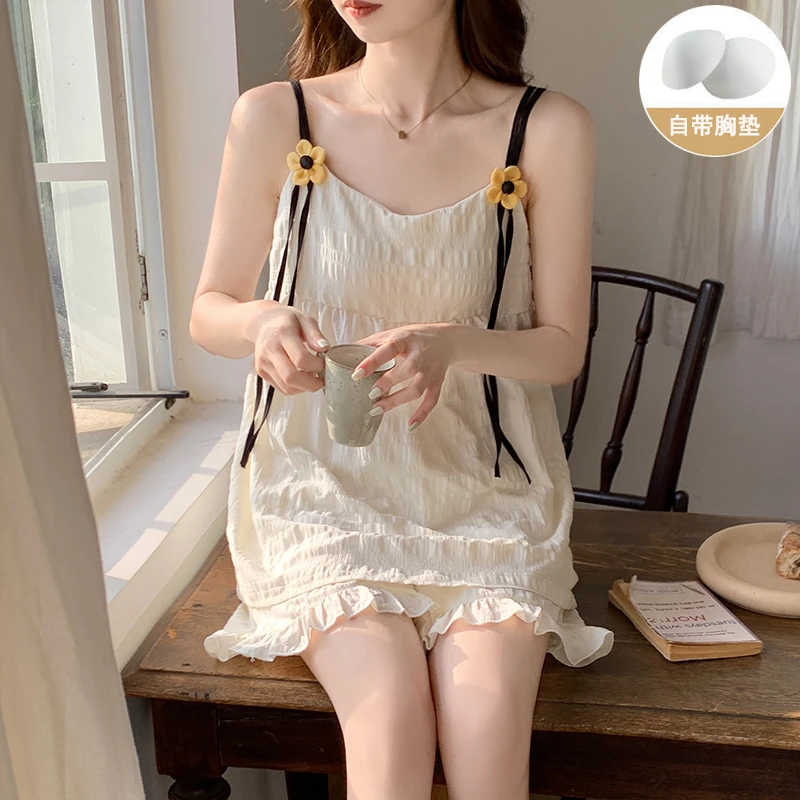 带胸垫吊带睡衣女夏季2025新款甜美套装夏天女士薄款家居服可外穿
