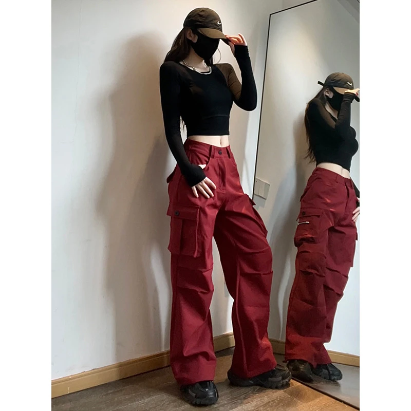 固定腰美式复古工装裤女春秋款高腰工装裤休闲户外宽松显瘦工装裤