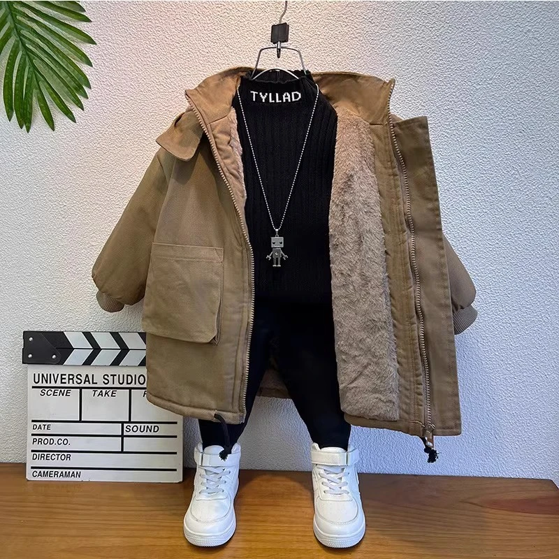 男童秋冬装加绒加厚棉服派克服中长款儿童装2025新款棉衣大衣帅气