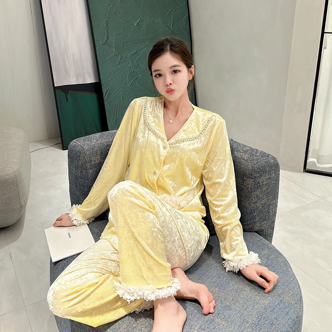 金钻绒睡衣女秋冬季新款长袖金丝绒高级感轻奢蕾丝网红家居服套装