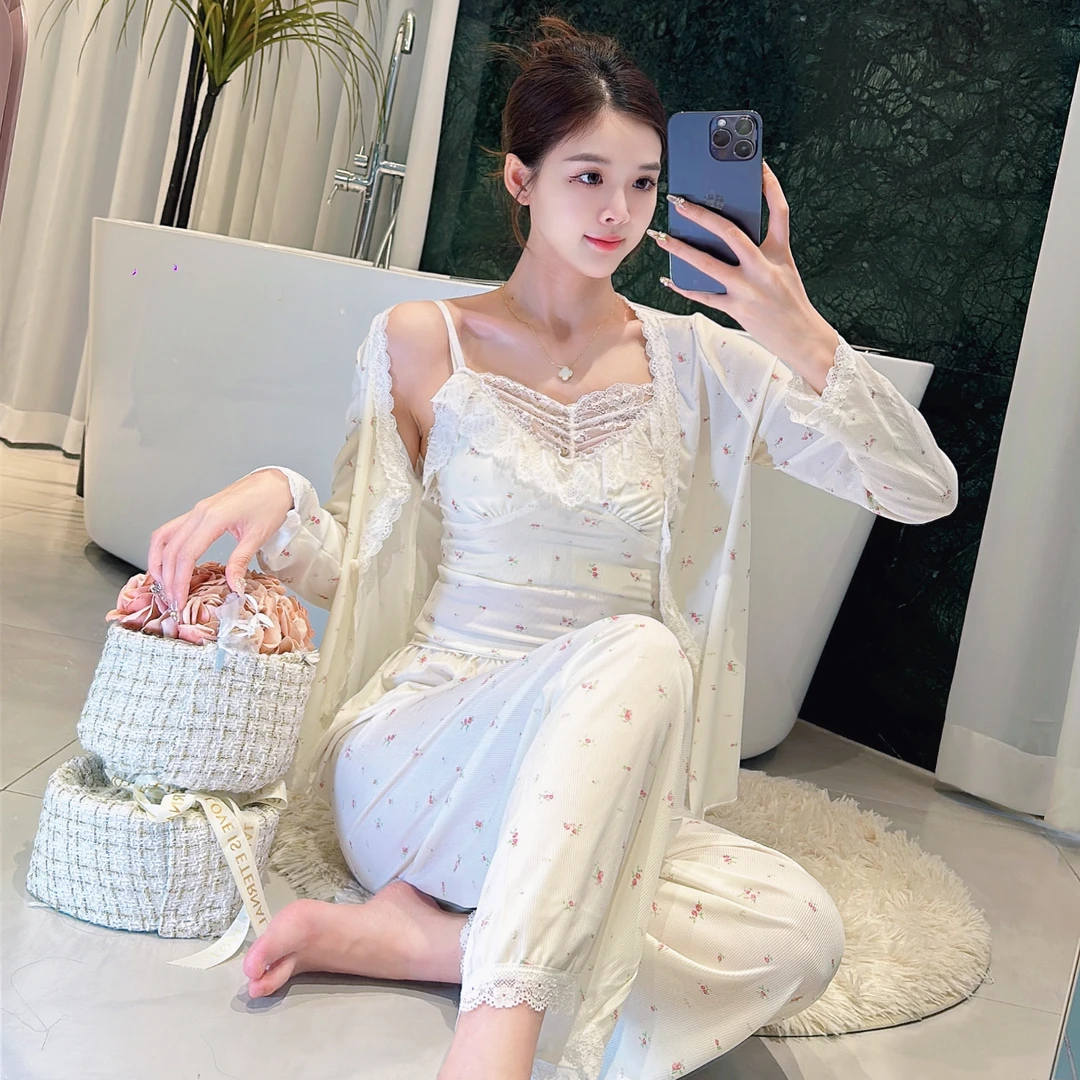 性感睡衣女三件套春夏季新款弹力家居服女秋冬款带胸垫套装爆款