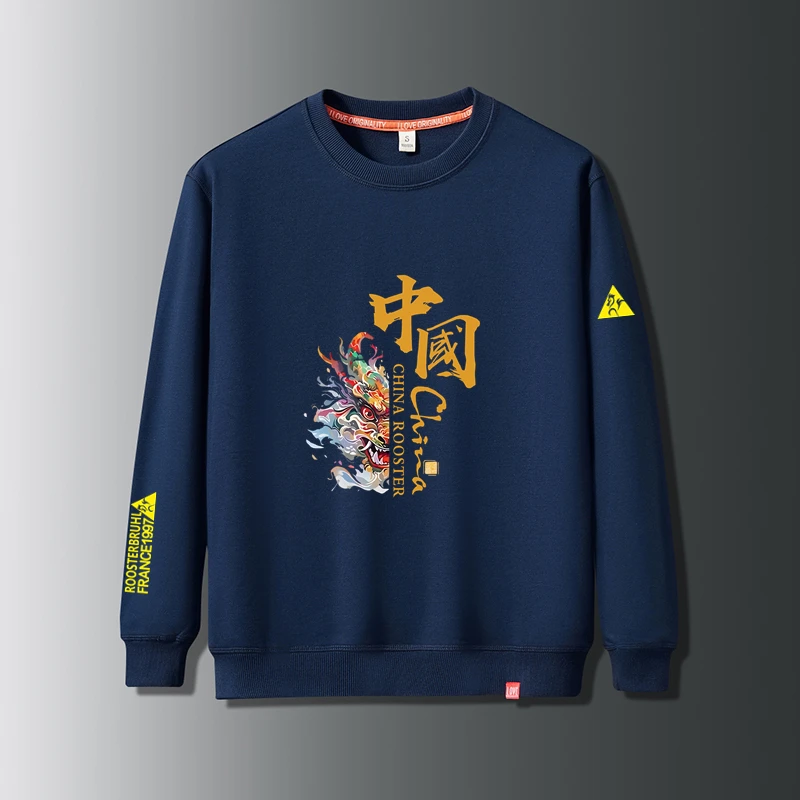 法莱尔公鸡卫衣男2024春秋薄款大码宽松圆领休闲百搭加绒套头上衣