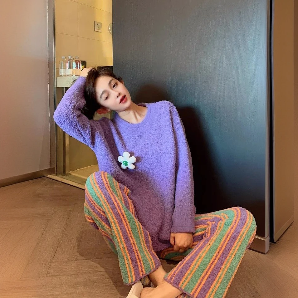三品家居服 半边绒睡衣女冬宽松大码女士家居服套装260克网红时尚