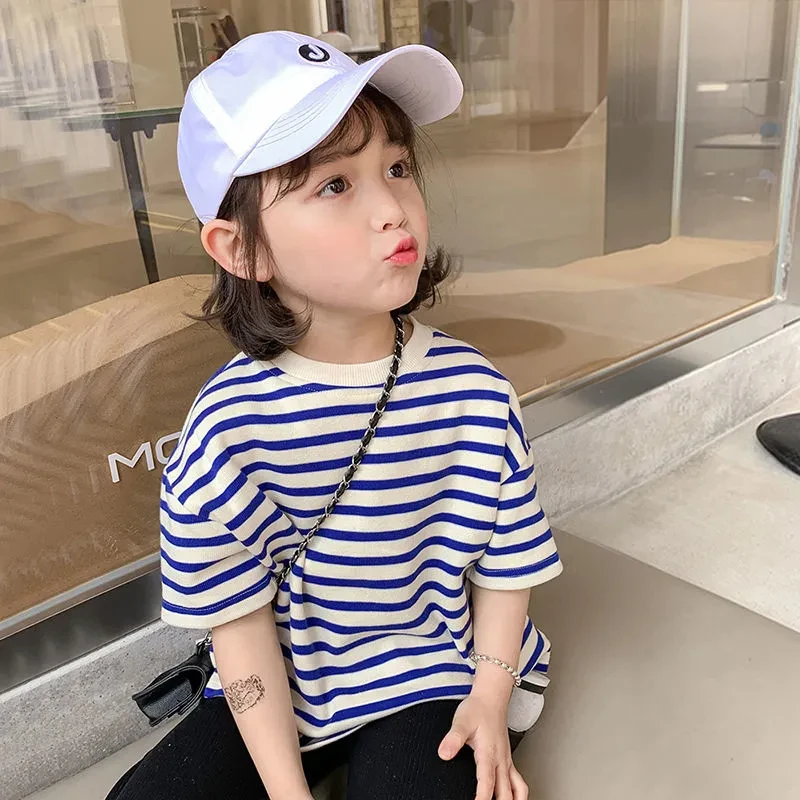 女童小孩短袖T恤夏季新款儿童韩版洋气条纹宝宝半袖宽松圆领上衣