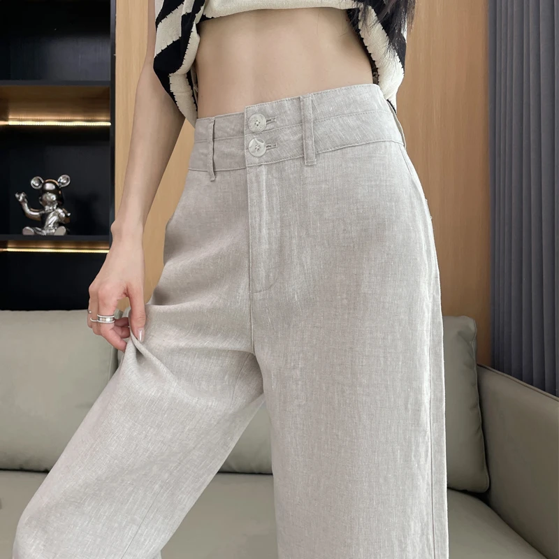 双扣休闲裤亚麻裤子女夏季薄款阔腿裤女新款高腰抗皱直筒白色女裤