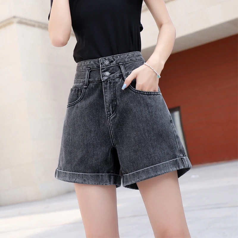 高腰牛仔短裤女夏季新款黑灰色显瘦宽松大码胖mm卷边热裤潮四分裤