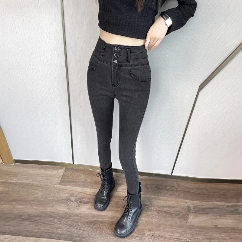 烟灰色牛仔裤女紧身2023秋季新款显瘦高腰小脚裤子九分铅笔裤黑色