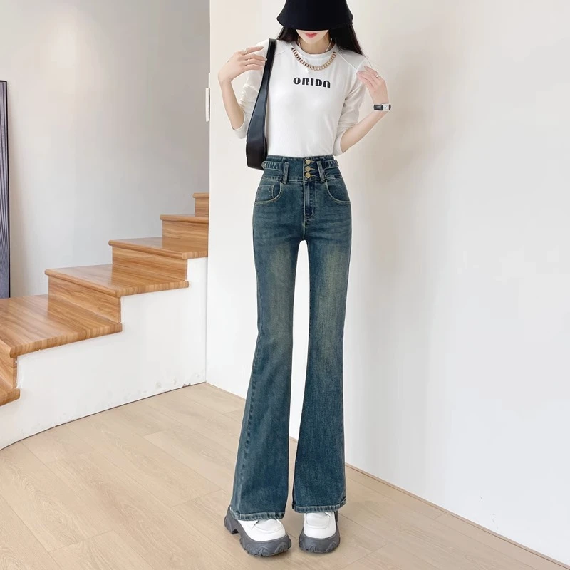复古高腰喇叭裤美式高街2024新款秋季弹力显瘦马蹄微喇叭牛仔裤女