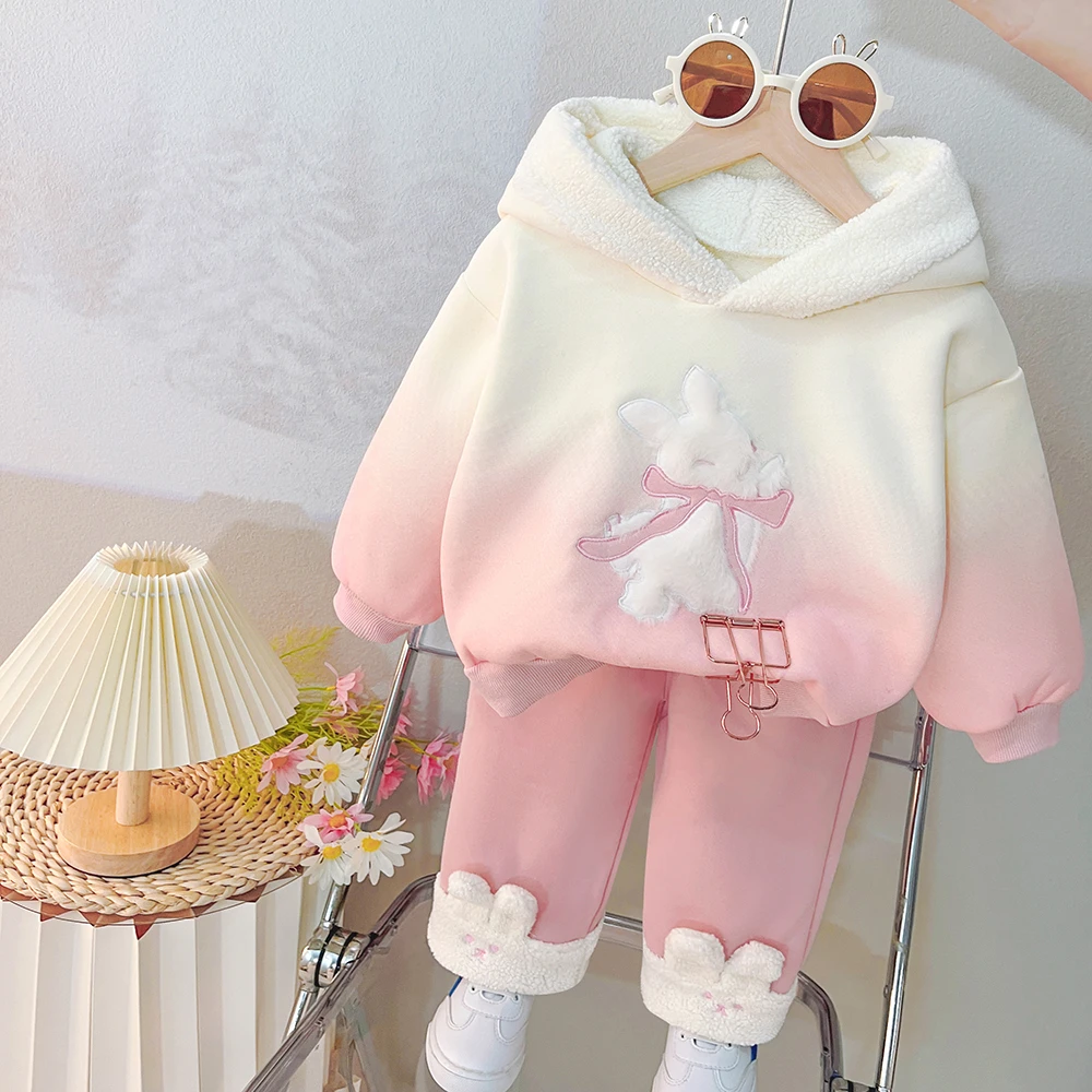 女童冬款连帽卫衣套装2024新款加绒儿童加厚女宝宝新款衣服保暖潮