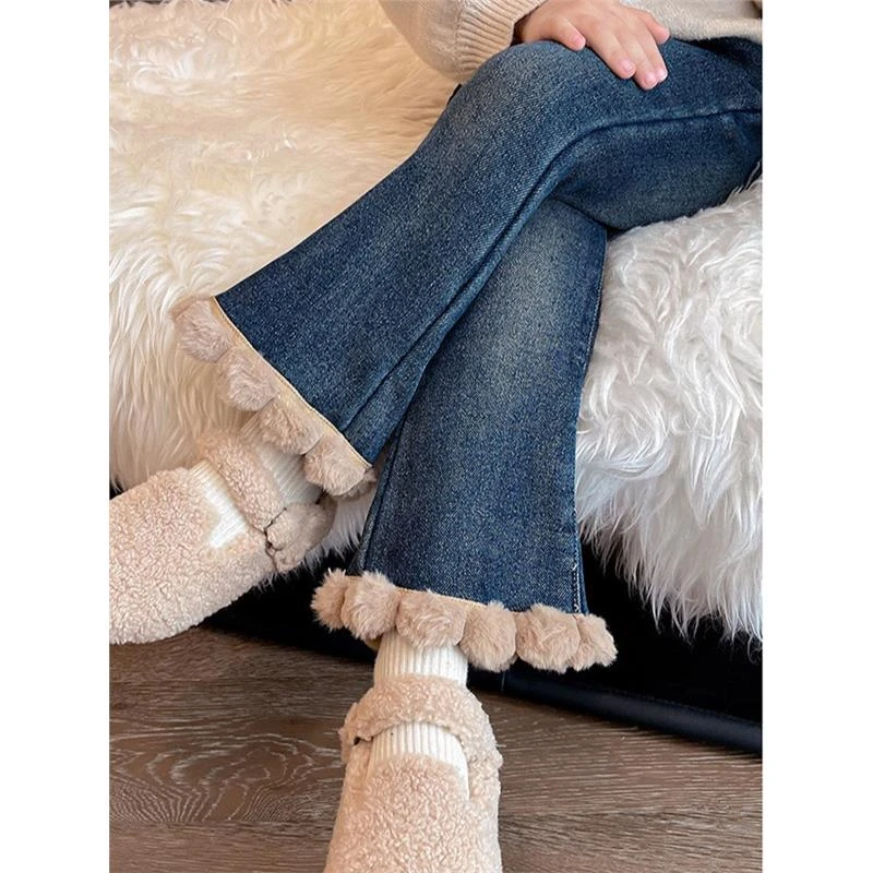 女童加绒牛仔裤子休闲冬装新款洋气加厚外穿牛仔喇叭裤