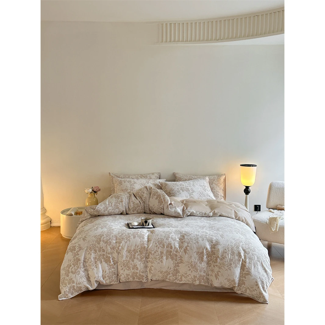 【晴美】外贸尾单 全棉三层纱色织水洗棉大提花四件套-繁花-咖