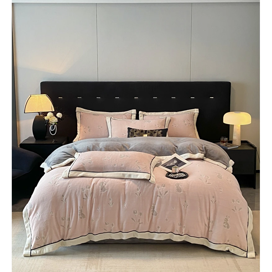 【晴美】彩雕宽边牛奶绒四件套-优雅系列