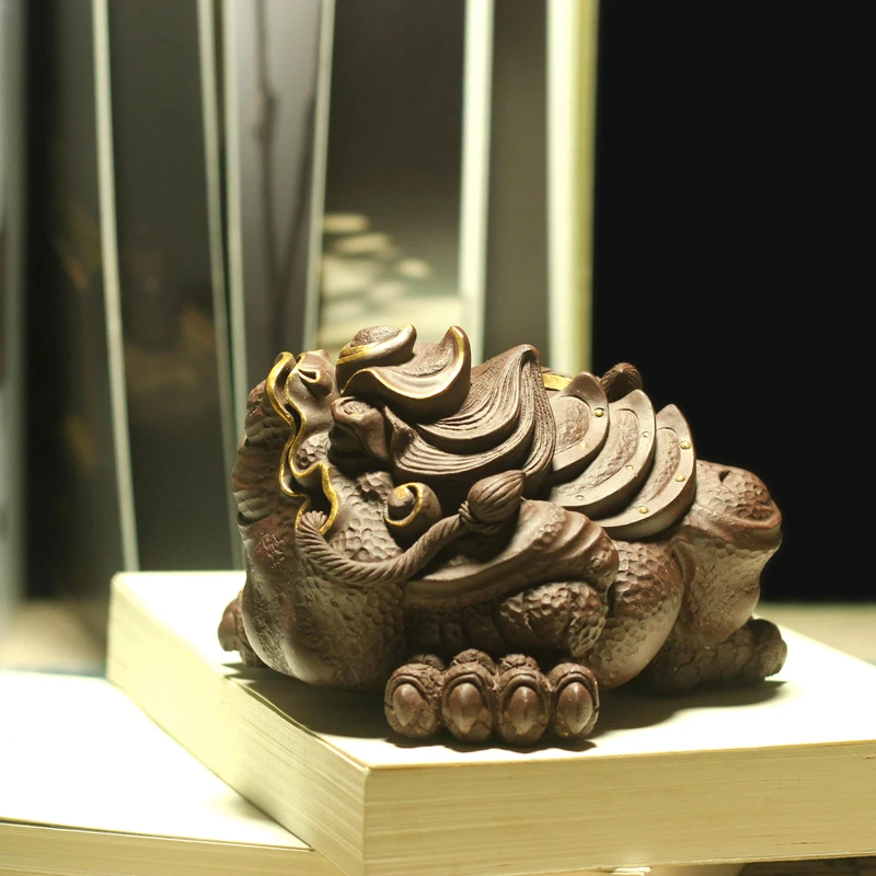 御青堂 宜兴紫砂全手工茶宠摆件雕塑装饰 三足金蟾 摆设描金蟾