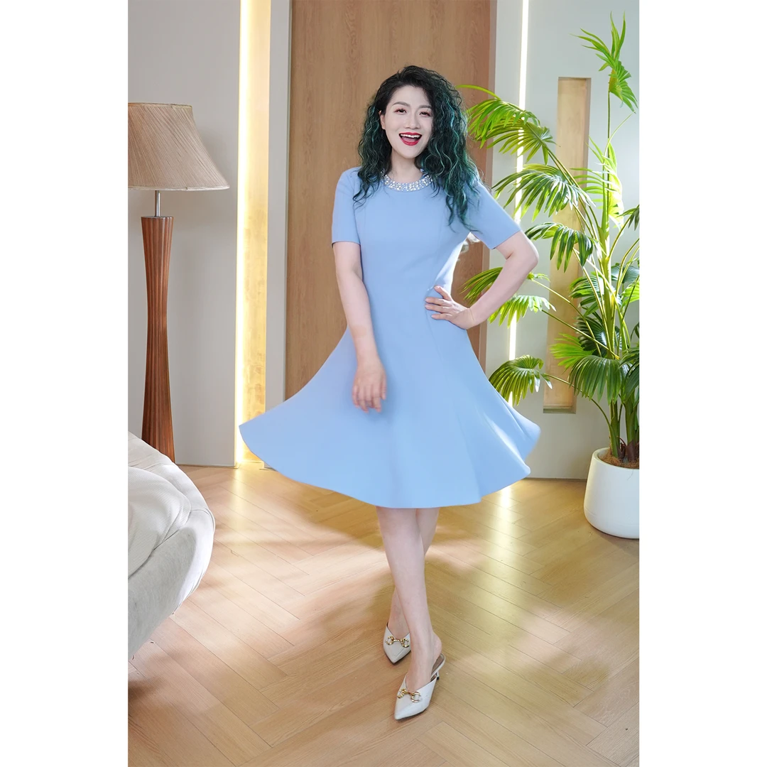 六丑【高定系列】新款高级气质时尚领口钉珠两色连衣裙407LYQ0557