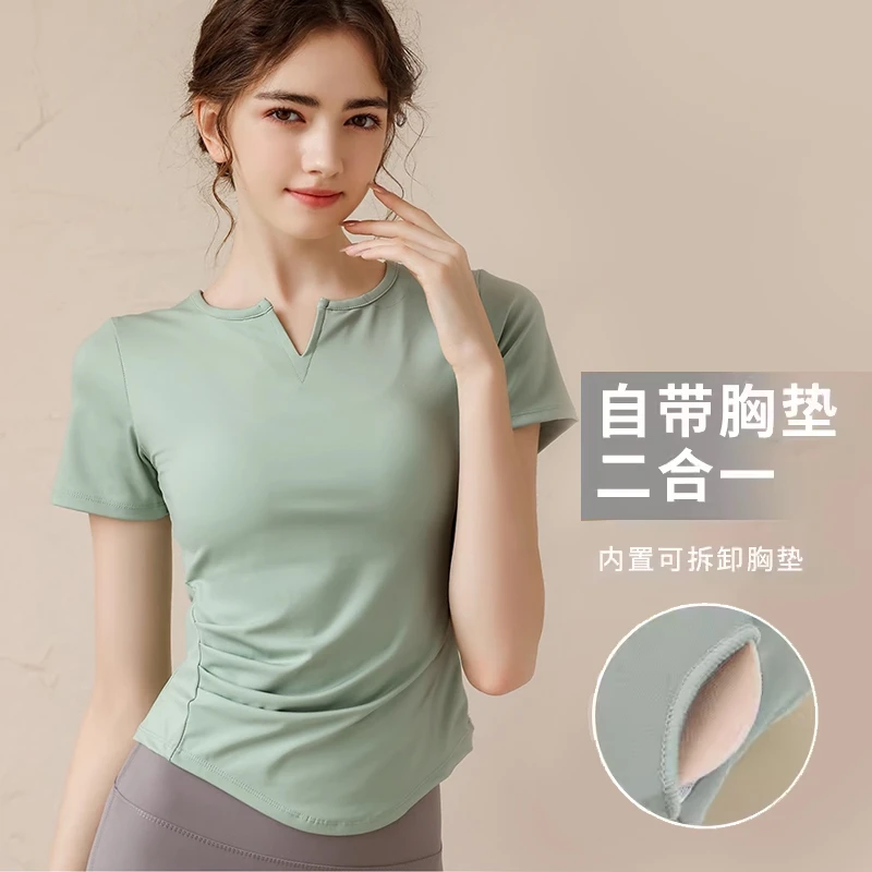 悦步运动跑步瑜伽服套装女夏季透气短袖T恤带胸垫训练上衣健身服