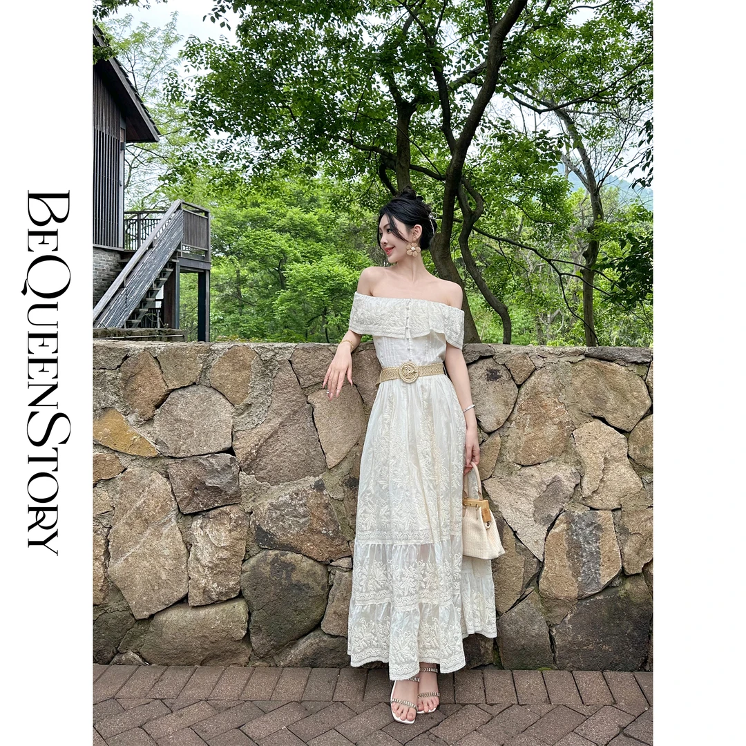 余潇潇【美神维纳斯】飘逸感天丝刺绣蘑菇扣伞摆女装连衣裙