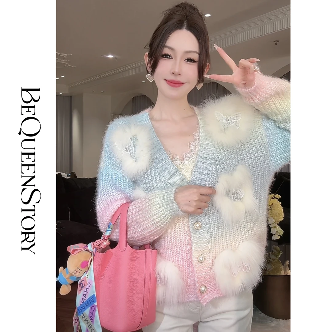 余潇潇【彩虹甜心】早春薄款渐变V领彩虹毛衣长袖针织外套女