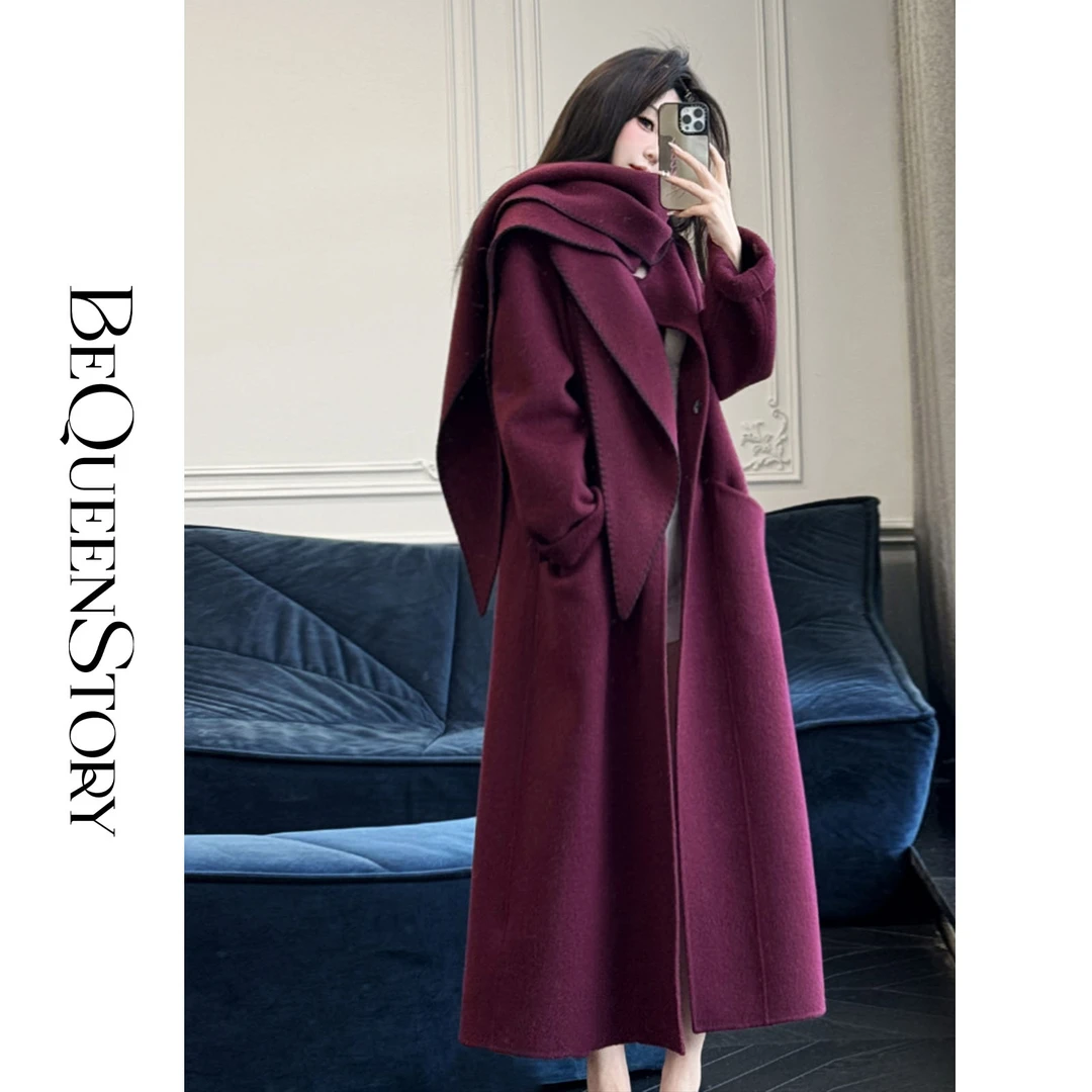 余潇潇【午夜梅子】柔软牦牛绒羊毛落肩贝壳绣工带围巾大衣