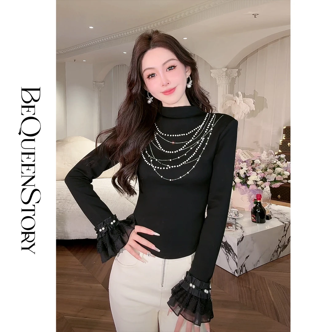 余潇潇【浪漫勋章】保暖贴肤仿莫代尔空气层半高领花边上衣