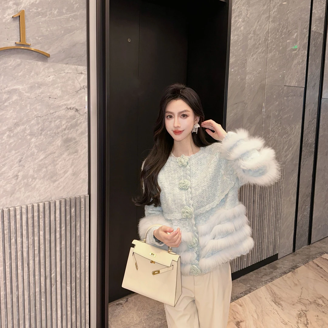 【陈米安专属】 【诺玉兰紫】高定含羊毛狐狸毛条保暖圆领毛衣