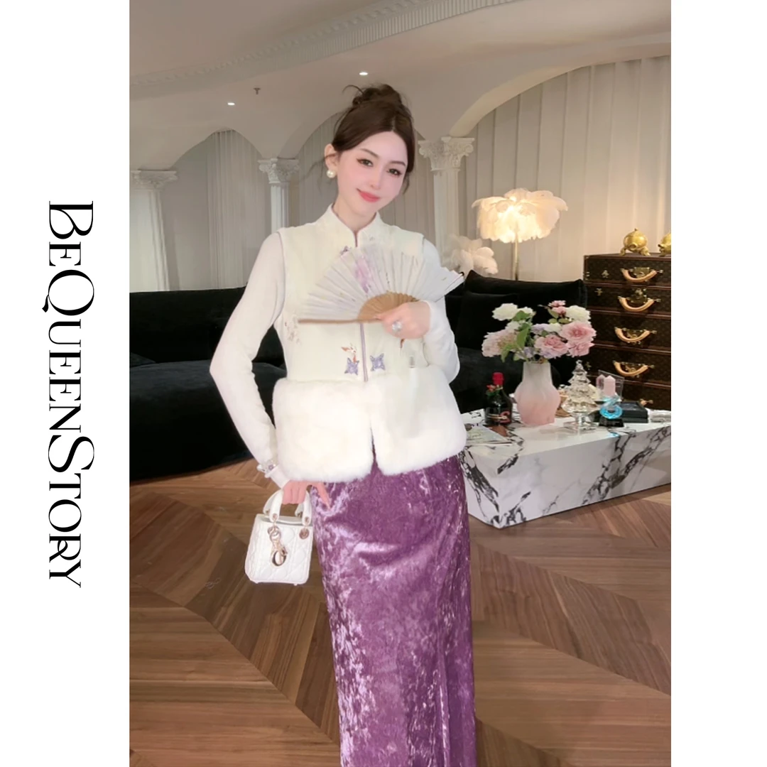 余潇潇【蝶引幽兰】丝绒刺绣钻石扣拼接兔毛充棉保暖马甲&半裙套装