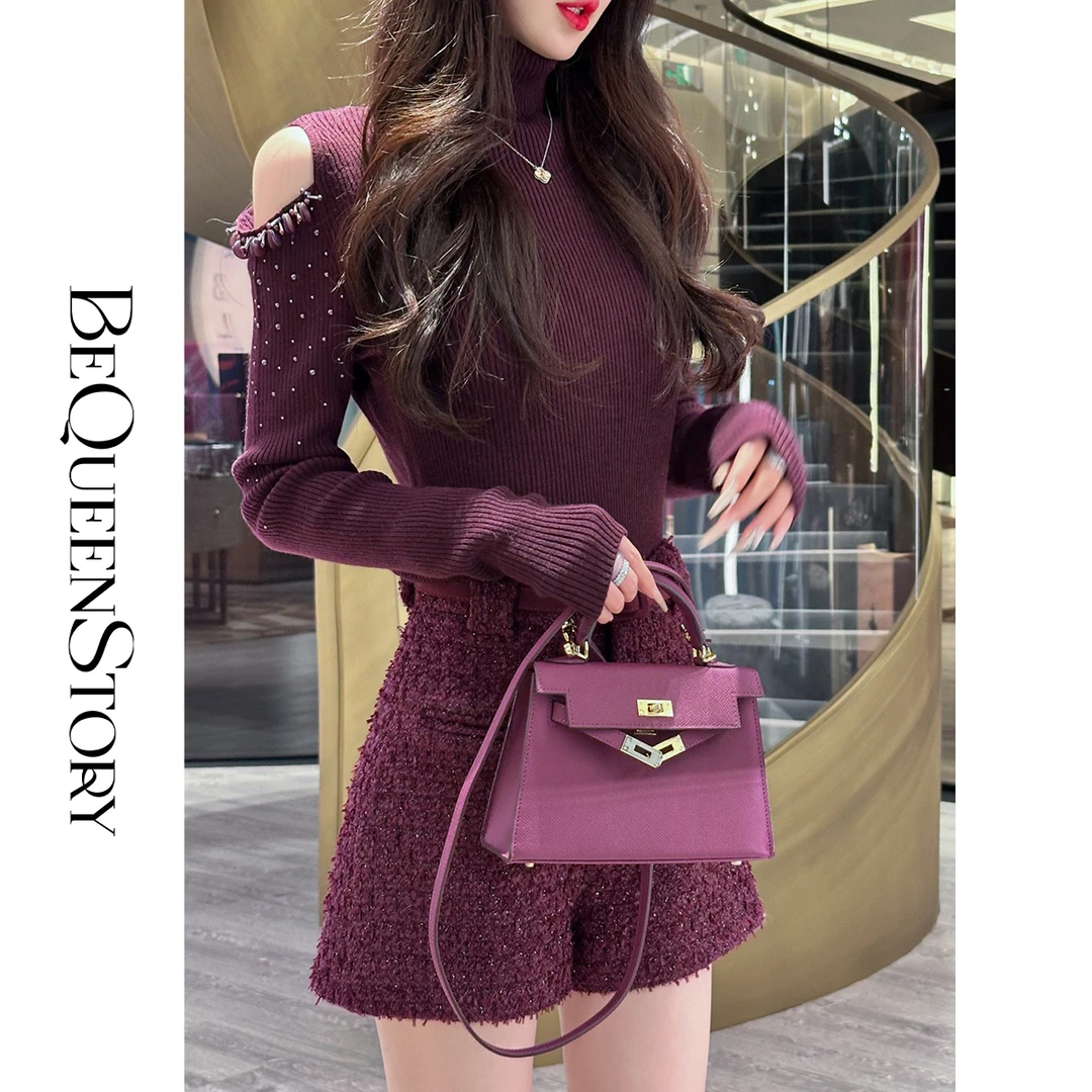 余潇潇【罗兰梦境】软糯舒适丝光羊毛混纺抗起球高领修身露肩毛衣