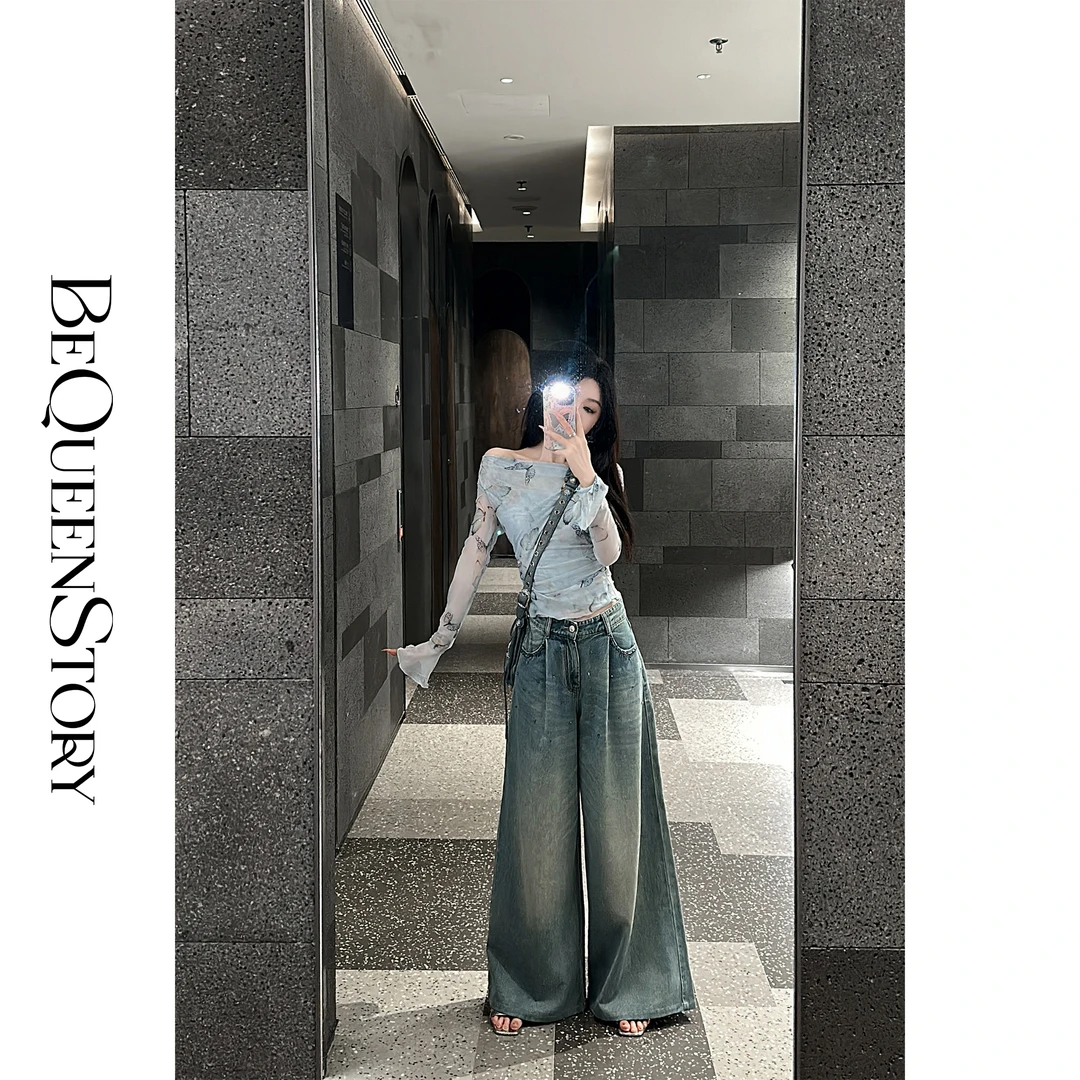 余潇潇【冰焰蓝蝶】轻盈细腻手绘熏染烫钻蝴蝶荡领针织上衣