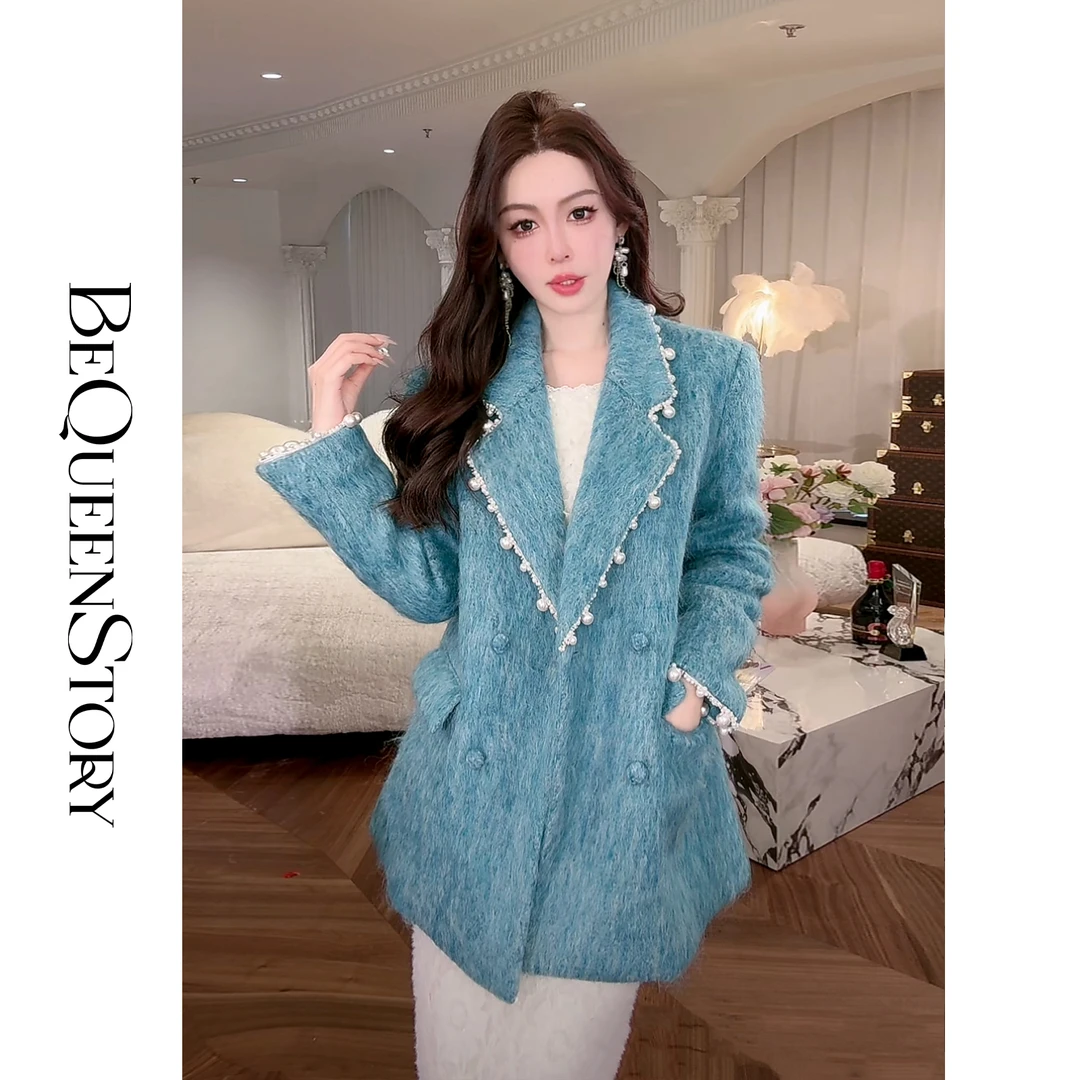 余潇潇【秘境蓝宝石】设计感简约大气门襟扣绵羊毛西装毛呢外套