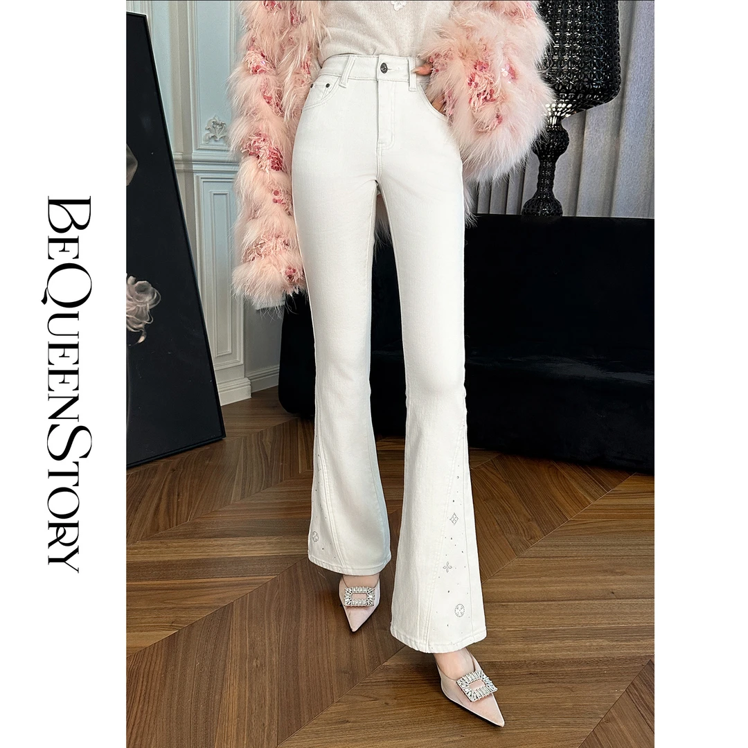 余潇潇【纯真年代】时尚百搭烫钻加厚加绒高腰修身微喇牛仔裤