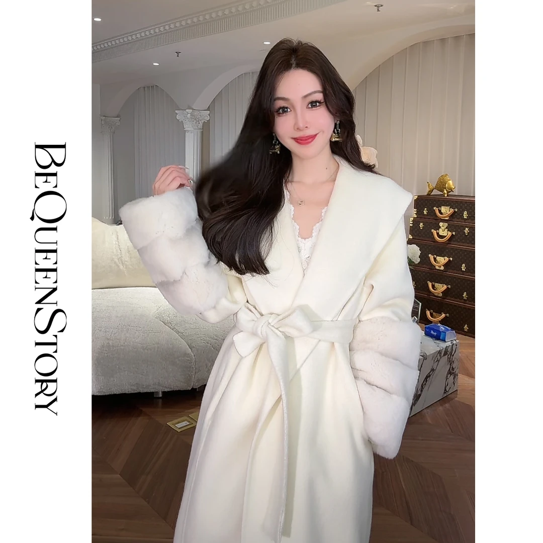 余潇潇【名媛风度】可拆卸袖口100羊毛大翻领气质长款双面呢大衣