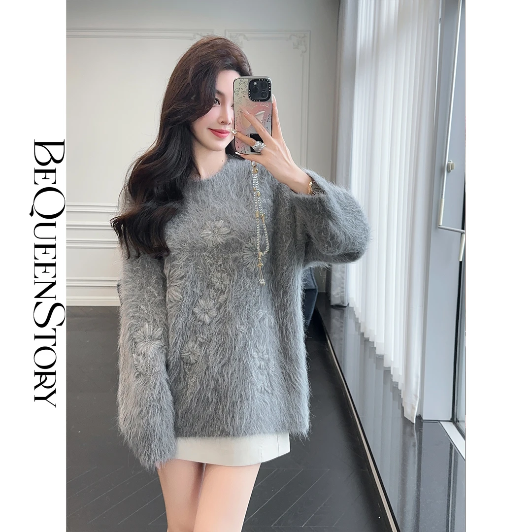 余潇潇【盛开繁花】慵懒感羊驼毛纱线混纺宽松百搭圆领毛衣