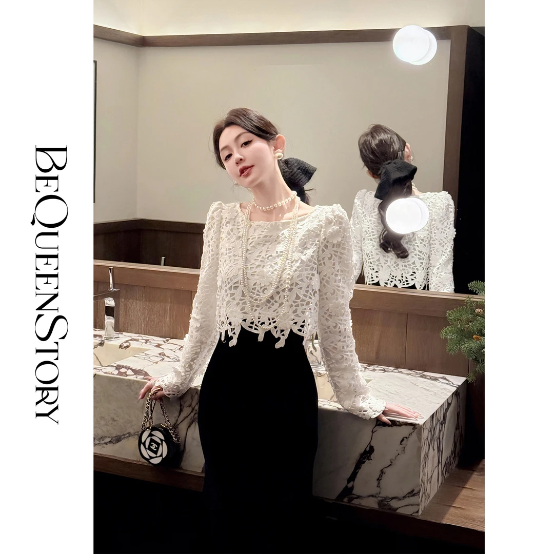 余潇潇【黑森林慕斯】黑白撞色亮片花刺绣拼接丝绒镂空连衣裙