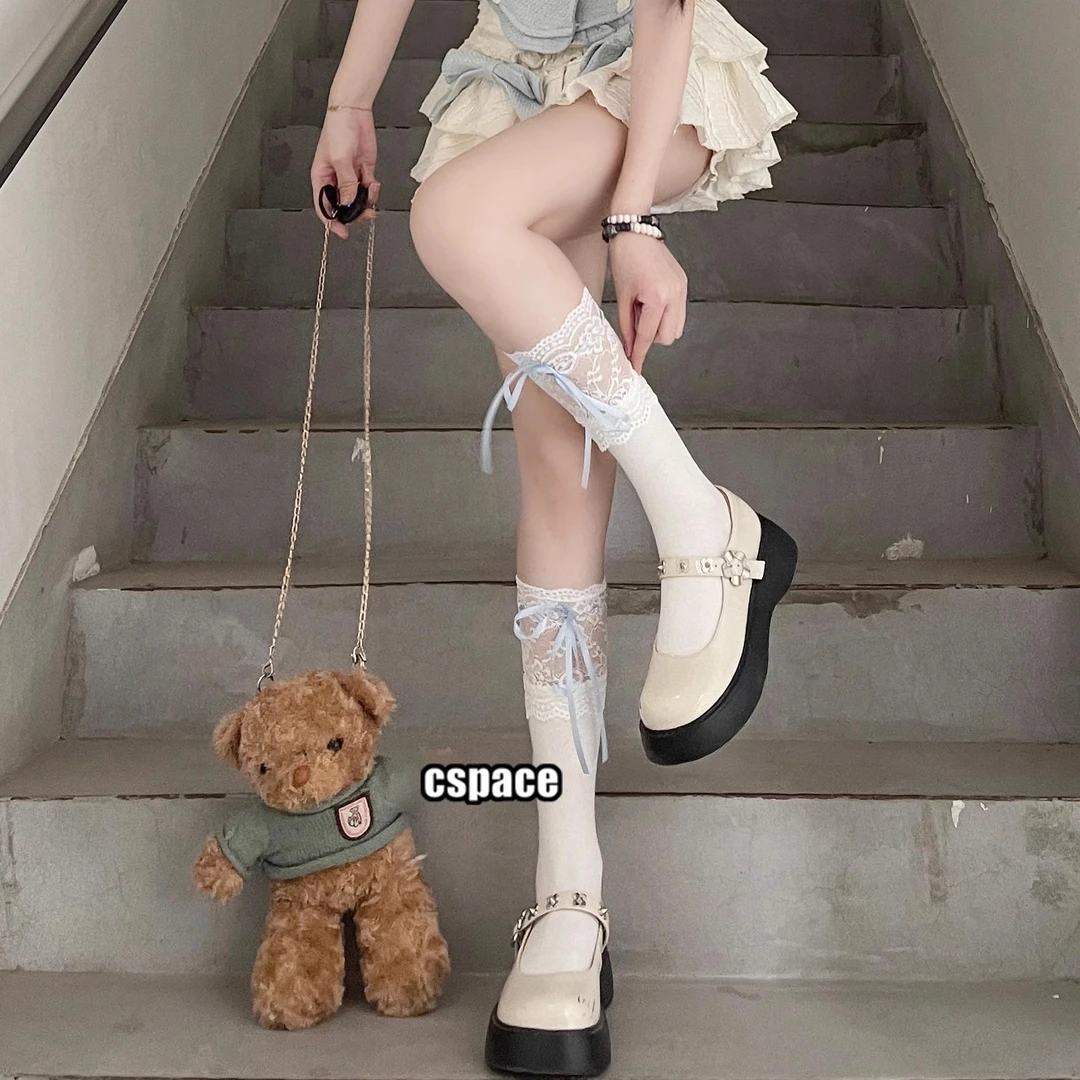芭蕾风jk日系蕾丝边丝带蝴蝶结中筒袜lolita白色花边小腿袜子女