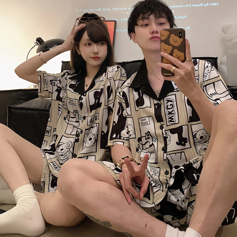 情侣睡衣女冰丝一男一女薄款夏季可爱卡通宽松短袖套装夏天家居服