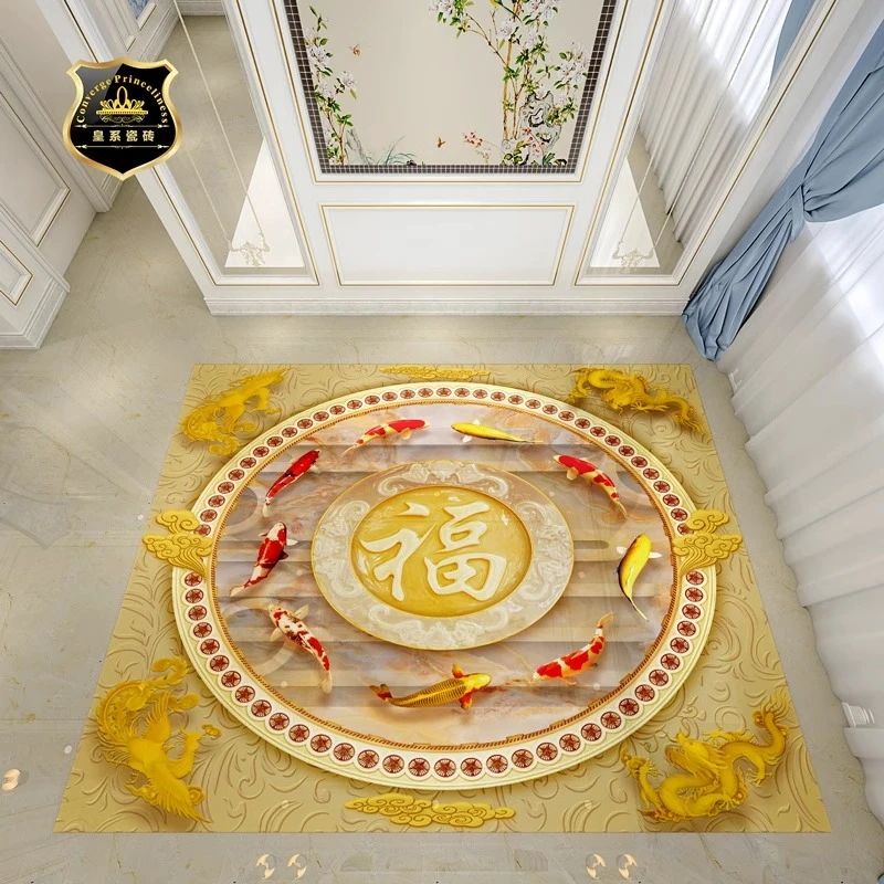 中式客厅荷花九鱼聚财图地板砖拼花图入户玄关过道抛晶拼花地砖