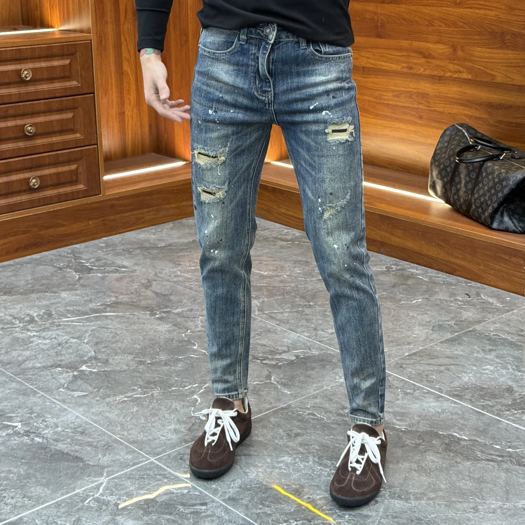 2024秋冬新款复古休闲百搭修身假破洞男士小脚牛仔裤YC6008
