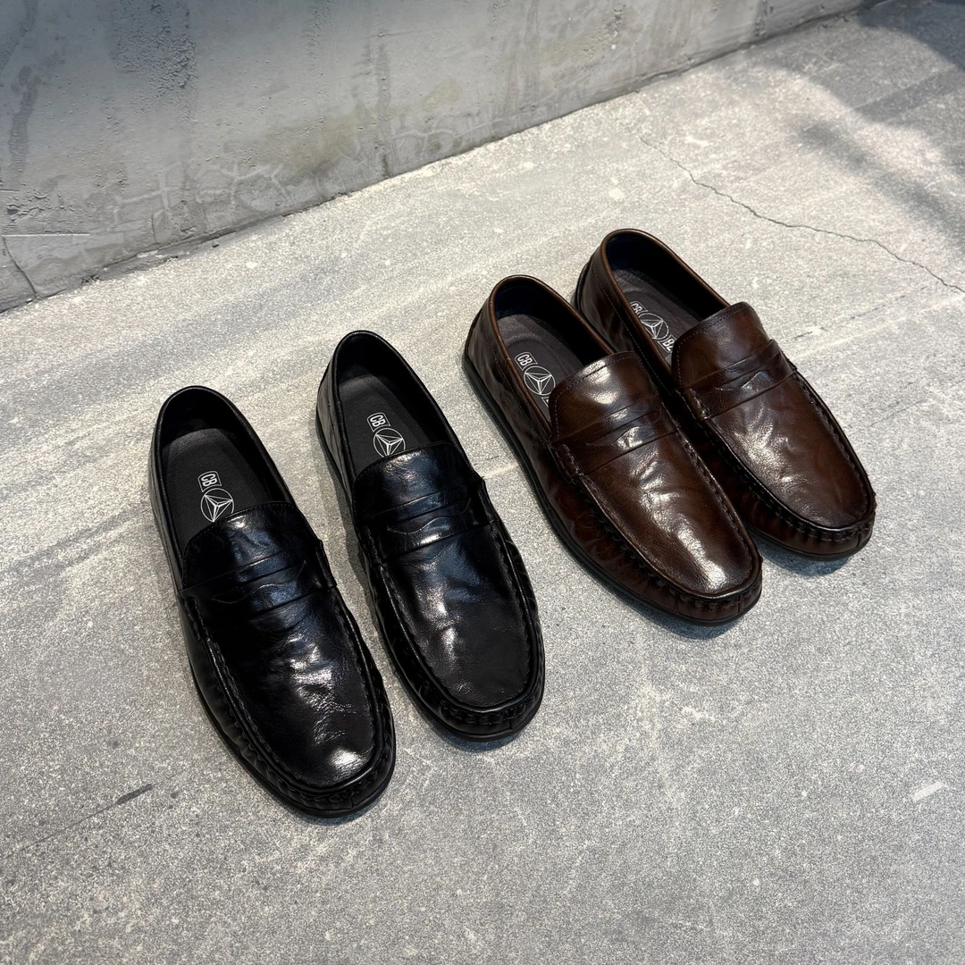 2024新款四季可穿百搭净版商务休闲男士一脚蹬头层小牛皮乐福鞋