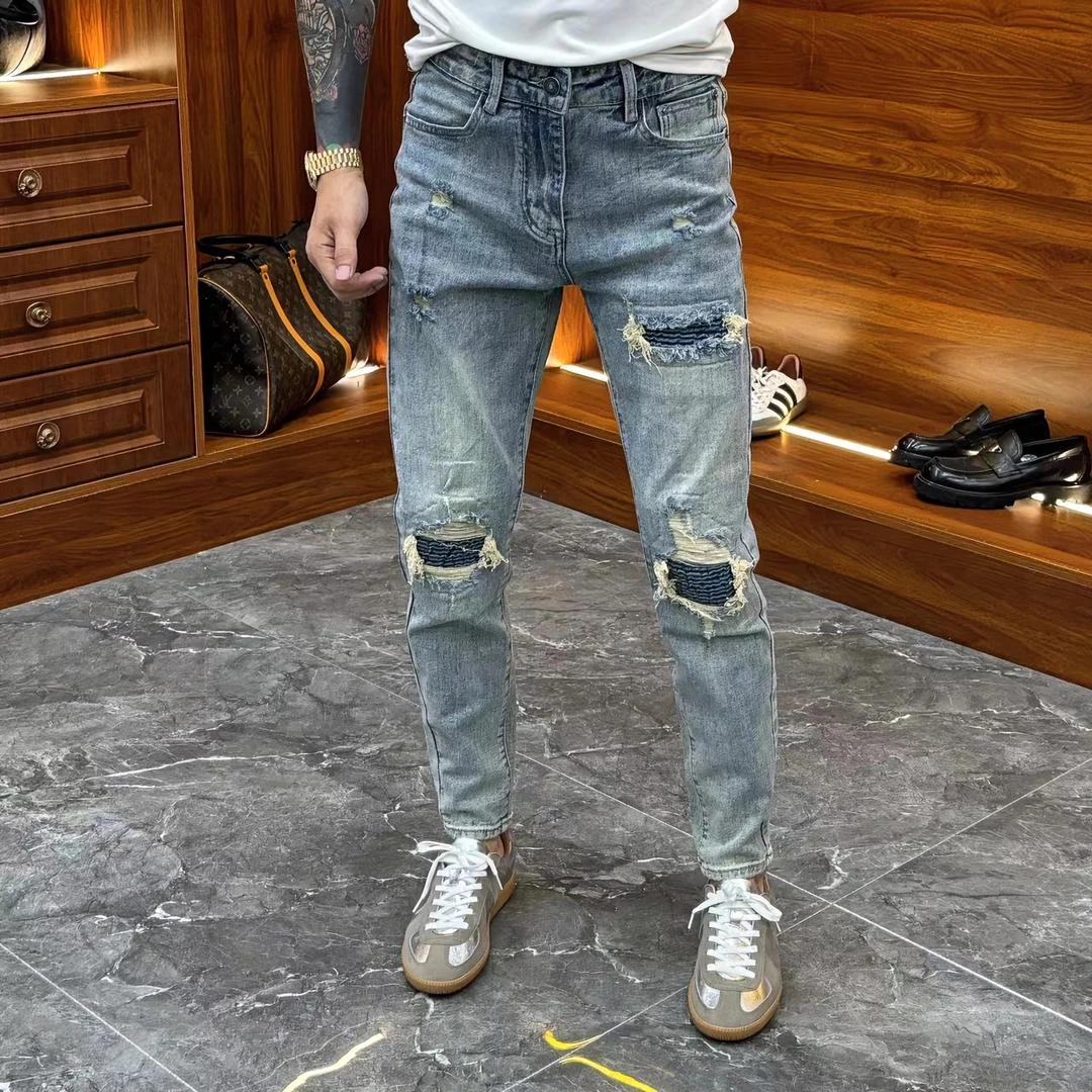 2024春季新款时尚休闲百搭怀旧复古男士布丁破洞男士牛仔裤YC6150