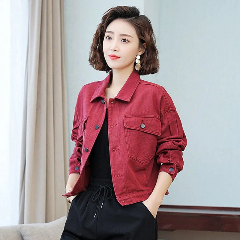新款短款牛仔外套女2023年春款时尚潮春秋洋气BF百搭红色工装上衣