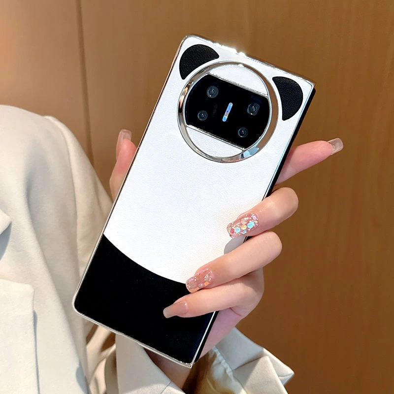 华为Mate X3手机壳新款奢华皮质 x3电镀银边熊猫拼色个性折叠屏