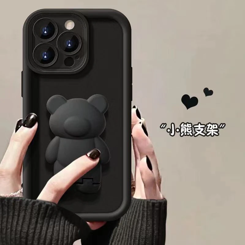 卡通小熊支架适用苹果15华为荣耀oppovivo小米14红米手机壳女可爱