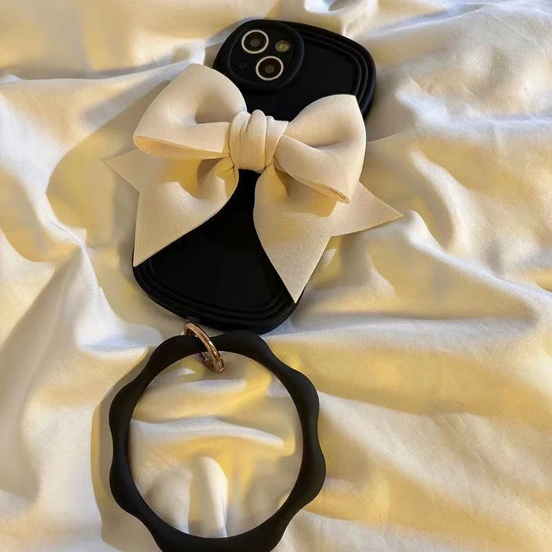 高级黑适用苹果/华为/OPPO/VIVO/红米荣耀手机壳女日韩立体蝴蝶结