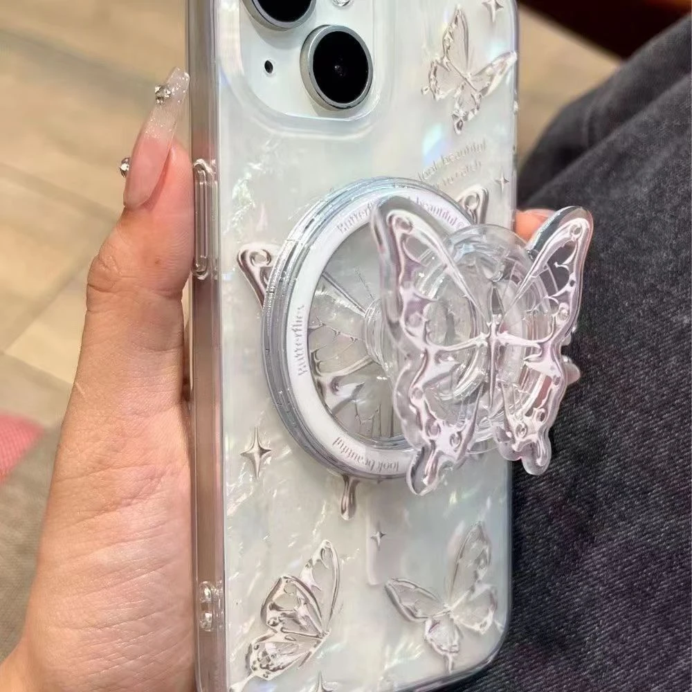 金属蝴蝶适用苹果15三星21手机壳22至尊iphone14磁吸支架23PLUS女